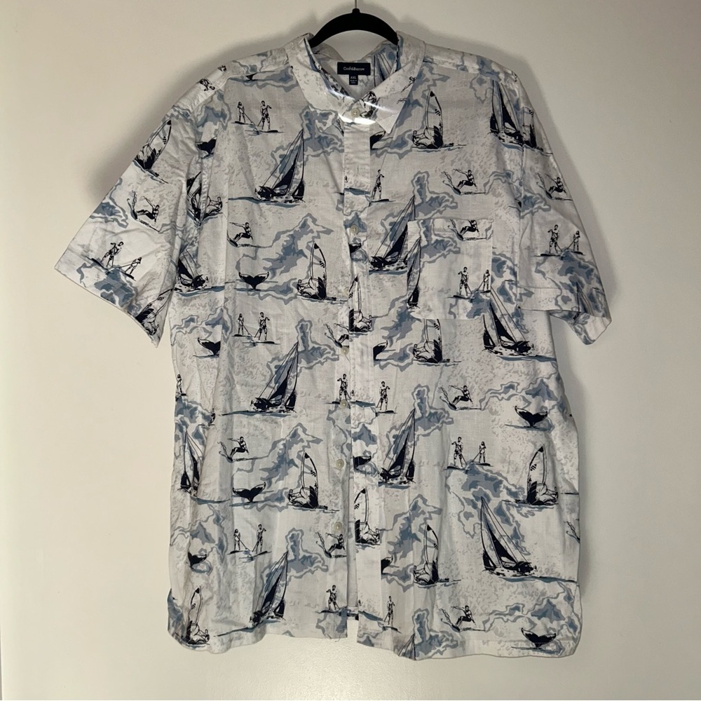 Croft & Barrow Men’s Short Sleeve Button Up Shirt Blue & White Sailing XXL